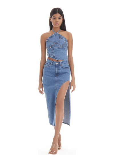 it's basic Kadın Mavi Kot Rengi Rosa Yandan Derin Yırtmaç Detaylı Uzun Denim Etek