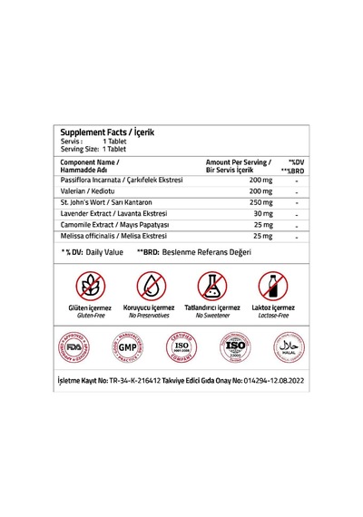 Passiflora + Valerian + Lavander + Camomille + St. John's Wort + Melissa 30 Tablets