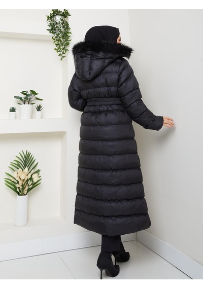 Hb Harma Time Butik Kadın Bel Kemerli Kapüşonlu Uzun Şişme Siyah Mont