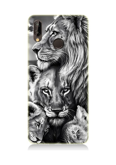 Huawei P20 Lite Uyumlu Silikon Kılıf Siyah Beyaz Aslan Ailesi