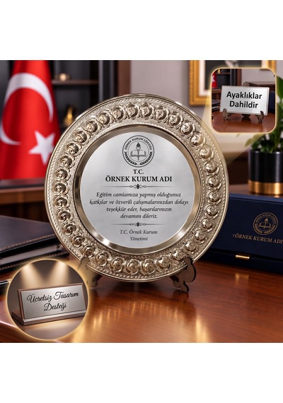 Plaket Metal Tabak Gül Desenli Tayin Anı Başarı Ödül Hediyesi Kişiye Özel Baskılı Teşekkür Plaketi Büyük Boy 25 Cm Gümüş