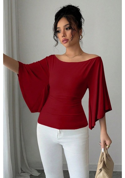 Kadın Beyaz Kayık Yaka Flare Kol Drapeli Fit Bluz Bordo