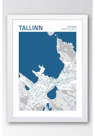 Tallinn Estonya Haritası Çerçeveli Tablo Lüks Salon Ofis Duvar Dekorasyonu Hediyelik Tablo Beyaz