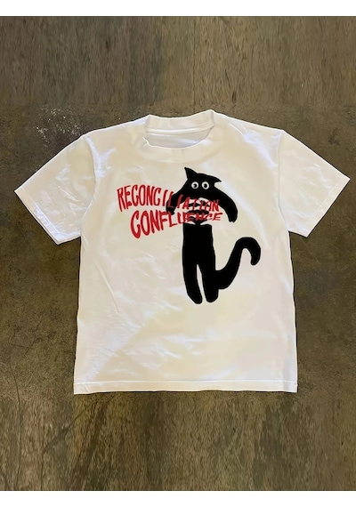 Startmore Beyaz Amerikan Kedi Karikatür Baskı Ol Yaz Sokak Trendi Beyaz