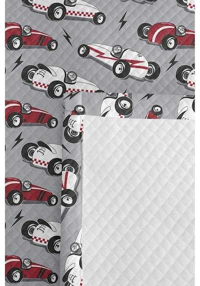Evimde Bambaşka Araba Gri Erkek Çocuk Pike Takımı-retro Yarış Konseptli Kırmızı Bebek Odası Yatak Örtüsü-160x220 CM