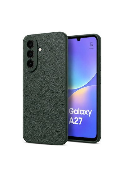 Samsung Galaxy A27 Uyumlu Deri Dokulu Silikon Telefon Kılıfı Ve Şeffaf Temperli Cam Ekran Koruyucu Koyu Yeşil