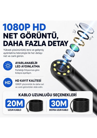 20 Metre Ekranlı 2 Kameralı Endoskop Yılan Kamera