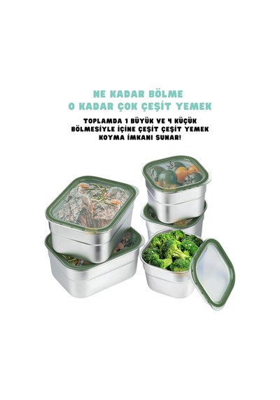 Bento 1000ml Lunchbox Tek Katlı 5 Bölmeli Çelik Sefer Tası Yemek Kutusu Koyu Yeşil Çok Renkli