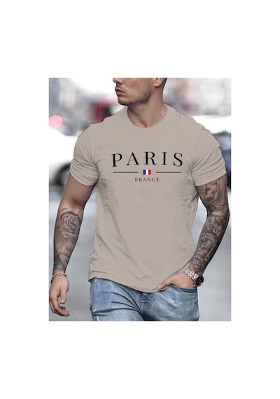 Caddemia Yaz Rahat Gevşek Büyük Boy Paris Fransız Desen Baskılı Rahat Yuvarlak Yaka Bej 2XL