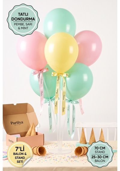 Tatlı Dondurma Ve Şeker Konsept Balon Standı Seti 70 Cm Masa Standı 7 Adet Lateks Balon Pembe Sarı Mint Çok Renkli