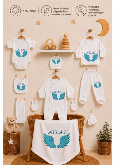 Pia Baby Erkek Bebek Yeni Doğan Hastane Çıkışı 10 Parça İsimli %100 Pamuk Organik Baskılı Set 2017100x Ekru