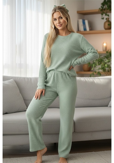 Siyah İnci Bisiklet Yaka Yumuşak Kışlık Waffle Örme Pijama Takım Yeşil
