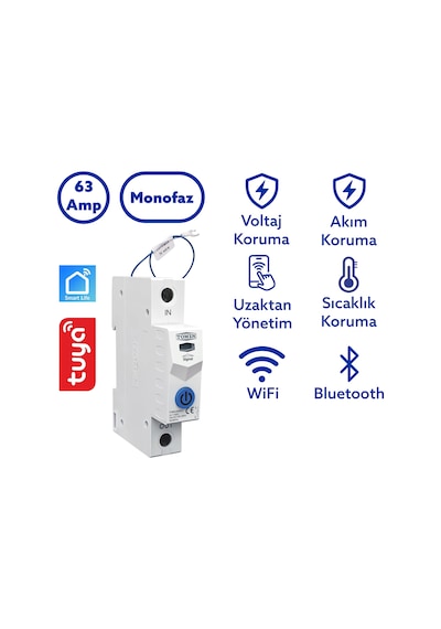 Tomzn Akıllı Voltaj Ve Akım Koruma Rölesi, Sıcaklık Korumalı Wifi Smartlife Tuya 63a - Tek Kutup