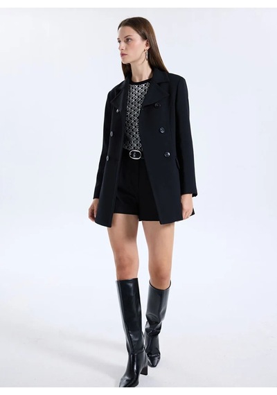 Sisley Viskoz Karışımlı Düğmeli Kruvaze Slim Fit Kaban Kadın Siyah Kaban - 325a2oualn05z
