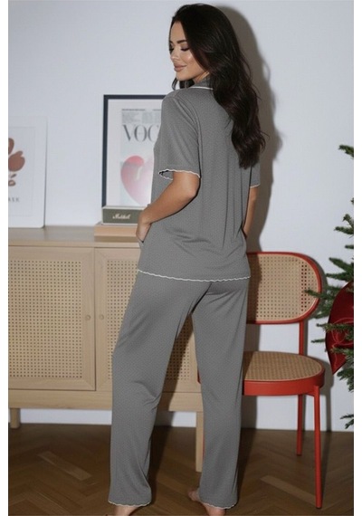 Siyah İnci Cepli Bürümcük-krınkıl Kısa Kollu Düğmeli Örme Pijama Takım 7940 Gri