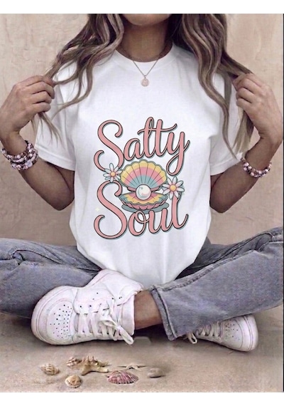 Retro İstiridye Ve İnci Baskılı Kompakt T-shirt Beyaz