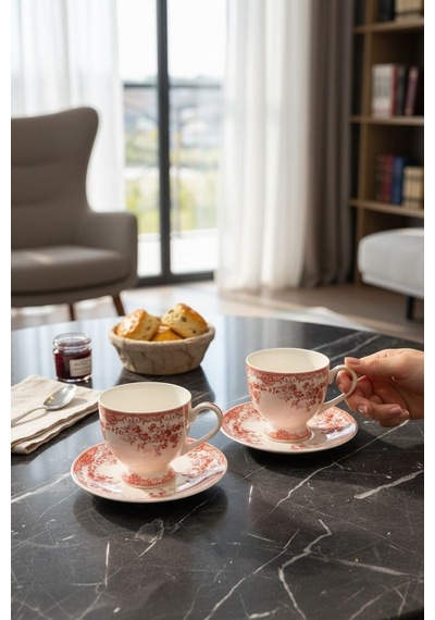 2 Kişilik Vintage Red Kahve Fincanı-5885 Kırmızı