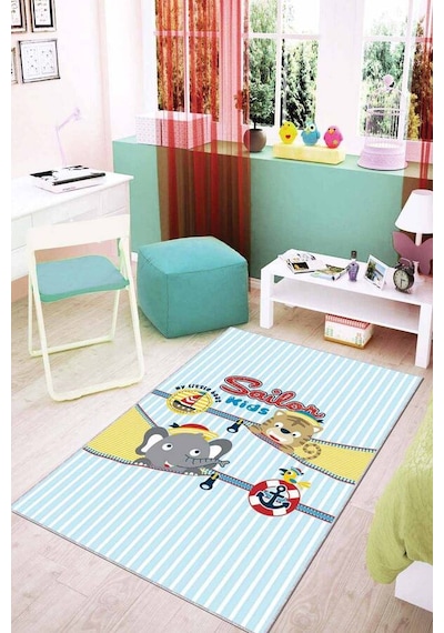 Mavi Kaymaz Tabanlı Yıkanabilir Denizci Bebek Halısı Ar026n11