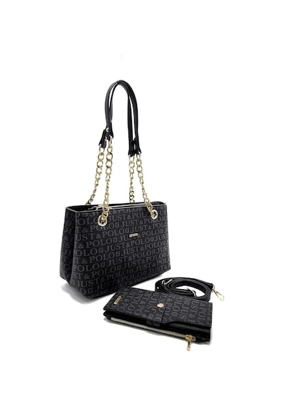 Just Polo Kadın Zincirli Baskı Desenli & Omuz Çantası Ve Cüzdanı Kombin Ebat : 24 X 20 Cm Shopper Siyah Kombin