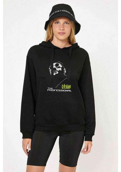 Leon Baskılı Siyah Kadın Kapşonlu Sweashirt (528747261)