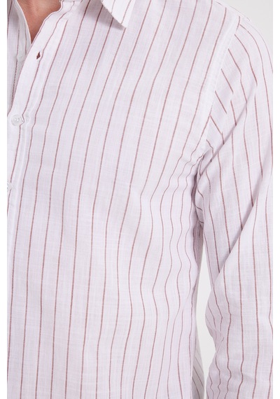 Tudors Erkek Slim Fit Dar Kesim Uzun Kollu %100 Pamuk Keten Doku Çizgili Gömlek-42652 Beyaz