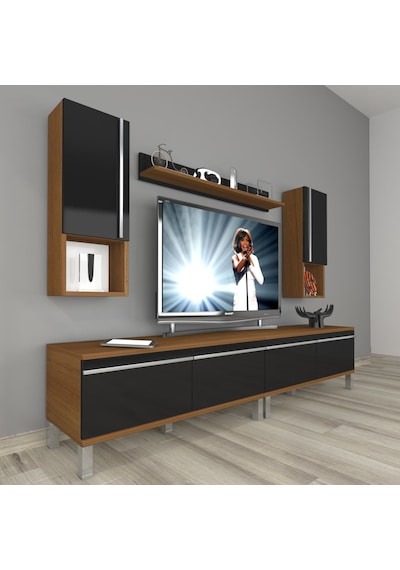 Decoraktiv Eko 5220ta Mdf Krom Ayaklı Tv Ünitesi Tv Sehpası - Ceviz Siyah Ceviz - Siyah