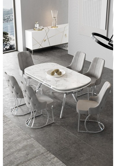 Canisa Epal Serisi 90x168 Lak Panel Beyaz Mermer Desen Masa Takımı Krom Ayaklı 6 Gri Sandalye Masa Beyaz Mermer Desen Sandalye Gri Canisa Epal Serisi 90x168 Lak Panel Beyaz Mermer Desen Masa Takımı Krom Ayaklı 6 Gri Sandalye Masa Beyaz Mermer Desen Sandalye Gri
