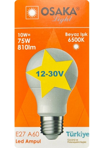 1 Adet Osaka 12volt 10w 75w Beyaz Işık 6500k E27 Duylu Kalın Duy Led Ampul