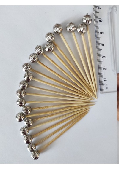 100 Adet Dekoratif Gümüş Çizgili İnci Boncuklu Pasta Kürdanı 6,5 Cm - Boncuk 8 Mm