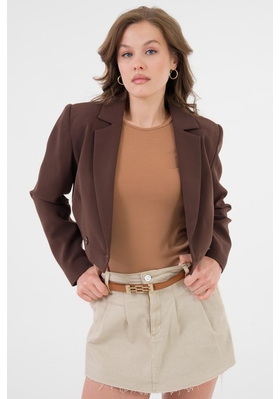Acı Kahverengi Kruvaze Crop Blazer Ceket Acı Kahverengi