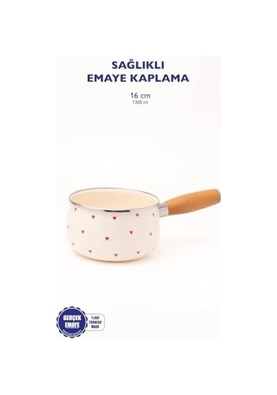 Cupid Ahşap Saplı Kalp Desenli Emaye Sos Tavası 16cm 1,3 Litre İndüksiyon Dahil Tüm Ocaklara Uygun 12v