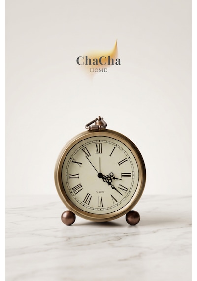 Chacha Home Serene Bell Vintage Metal Çalar Saat & Premium Masaüstü Dekoratif Obje 16x14 Cm Eskitme