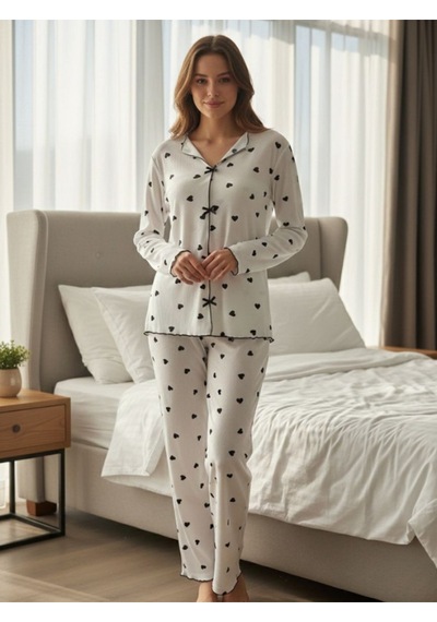 Kadın Kalp Desenli Kurdele Detaylı 2'li Pijama Takım Siyah