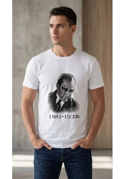 Barlashive Erkek Atatürk Baskılı Tişört Kısa Kollu Bisiklet Yaka T-shirt - Beyaz Çok Renkli