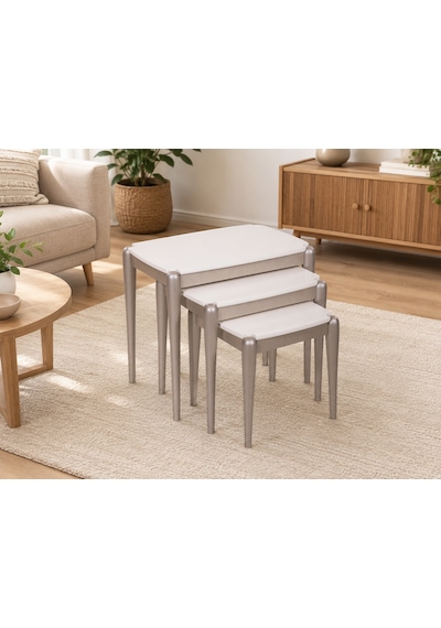 Ganni Home Peru 3 Lü Zigon Sehpa Seti Krem Platin Gürgen İskeletli, İç İçe Geçebilen Modern Ve Zarif Tasarım