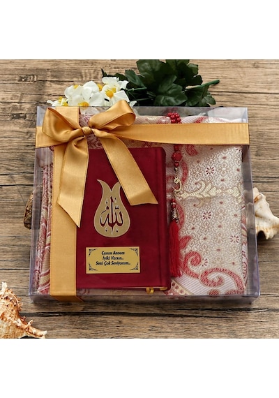 Hediyelik Kadife Kur'an-ı Kerim, Seccade, İnci Tesbih, Asetat Kutulu 26 23 Dini Set