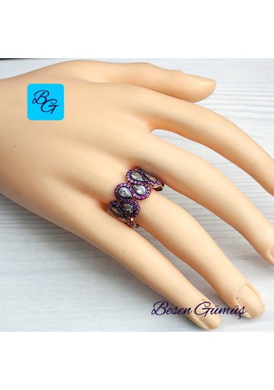 Pembe Zirkon Taşlı Damla Yedi Taş Yüzük Gümüş - Rose Gold