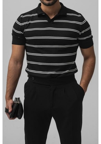 Tarz Cool Erkek Paralel Polo Yaka Slim T-shirt Siyah