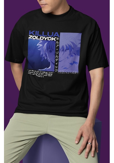 Killua Zoldyck Hunter X Hunter Baskılı Unisex Oversize Anime Tişö Siyah
