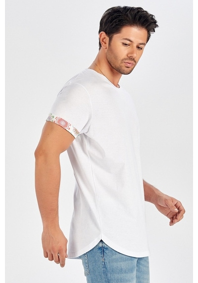Peraluna Kol Ucu Desenli Uzun Beyaz Pamuklu Erkek T-Shirt-Beyaz