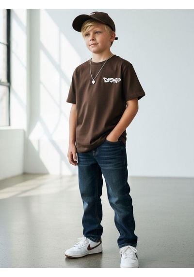 Zekids Erkek Çocuk Sırt Baskılı Tasarım T-shirt-16955 Kahverengi