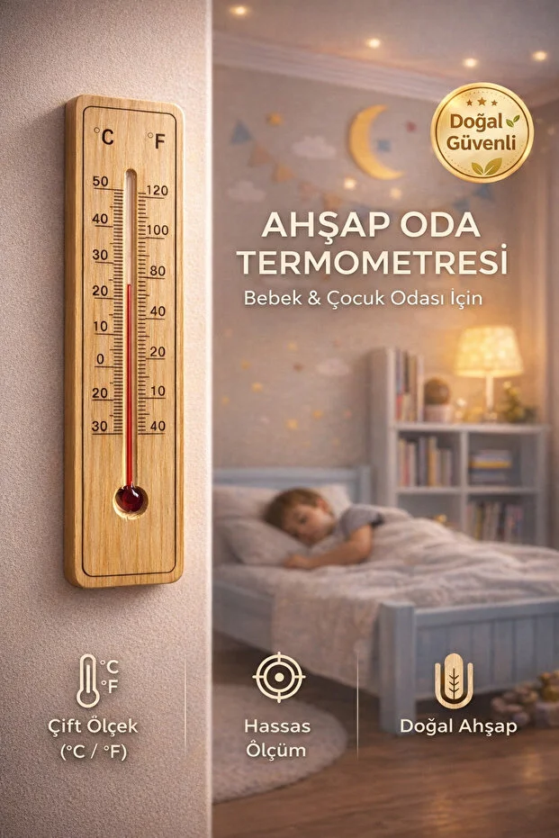 Ahşap Oda Termometresi Bebek Ve Çocuk Odası Duvar Tipi Hassas Isı Ölçer C / F Çift Ölçekli