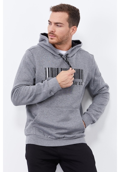 Tommy Life Gri Melanj Nakışlı Kanguru Cep Standart Kalıp Kapüşonlu Erkek Sweatshirt - 87839 GRİ MELANJ