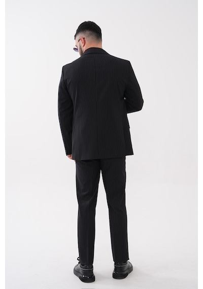 Dupont Classics Dupont Slim Fit Mono Yaka 6 Drop Çift Yırtmaç Çizgili 2'li Takım Elbise Siyah