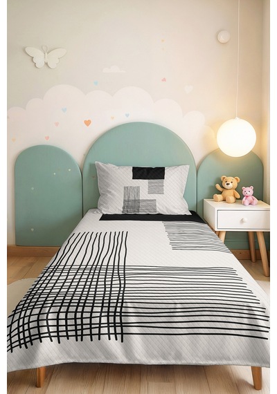 Siyah Geometrik Genç Odası Tek Kişilik Pike Takımı - Modern Çizgili 160x220 Cm Kapitone Yatak Örtüsü Turkuaz