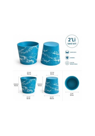 Newme 2'li Seramik Saksı/modern Dekoratif El Yapımı Tasarım - Mavi Beyaz 2'li Set Diğer