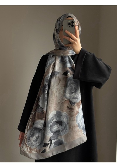 Qalortex Scarf Pamuklu Rose Desen Şal-gri/vizon Gri-vizon
