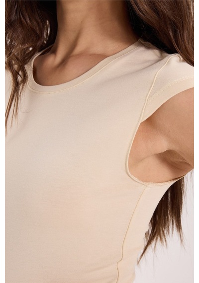Tudors Kadın Slim Fit Dar Kesim Pamuklu Likralı Bisiklet Yaka Ay Kol Sarı Tişört-51122