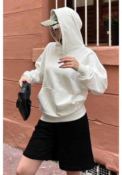 Ekru Kapüşonlu Oversize Cepli Sweatshirt Mg2207