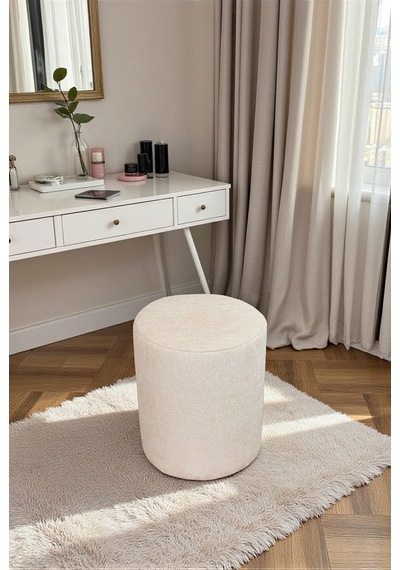 Dekoratif Silindir Puf Ahşap İskeletli, Oturma Ve Yatak Odası Pufu - Krem - 40x36 Cm Krem
